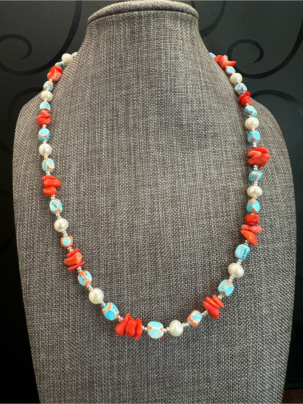 Turquoise & Orange Coral Beaded Women’s Necklace - Pearl Accent